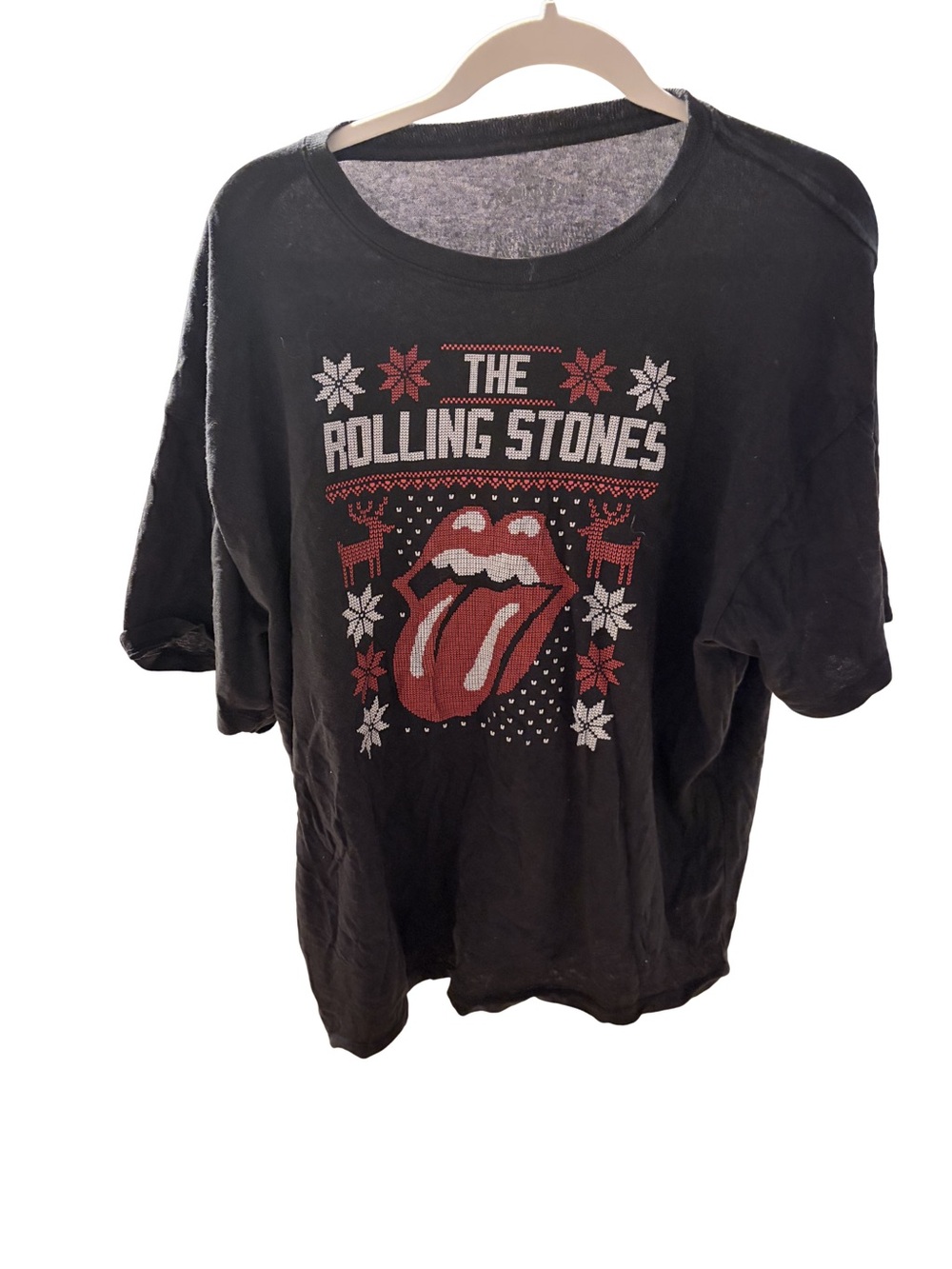 XL The Rolling Stones Black Tee with Red and White Fair Isle Christmas Graphic